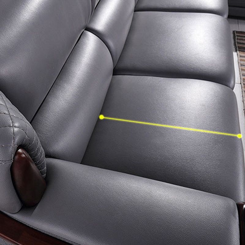 Genuine Leather Sectional Grey Cushion Back Sofa and Chaise for Living Room