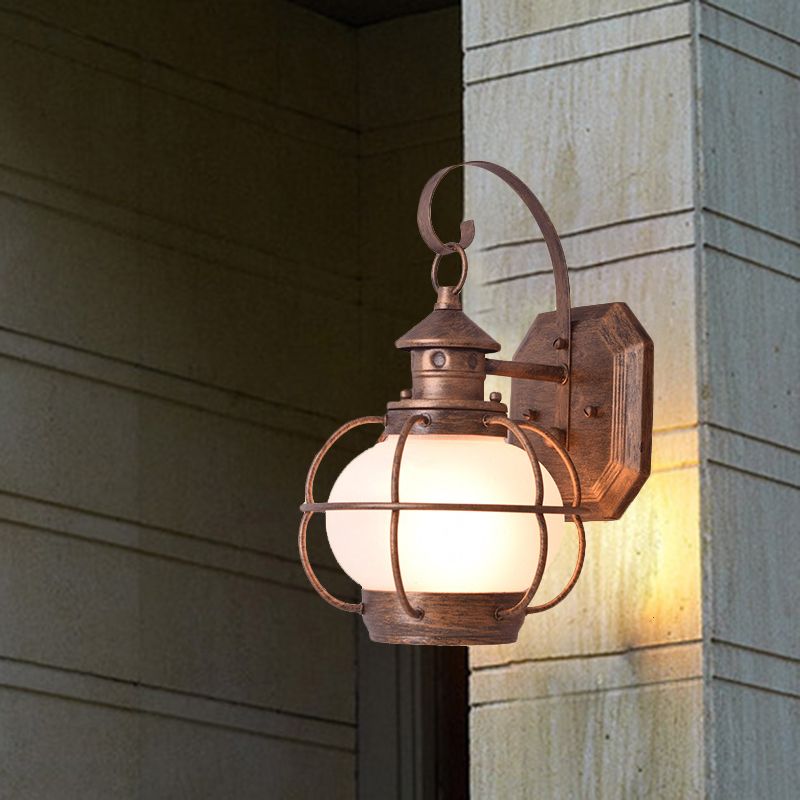 Coffee/Bronze Lantern Wall Light Retro White/Clear Glass 1 Head Outdoor Wall Lighting with Wire Cage