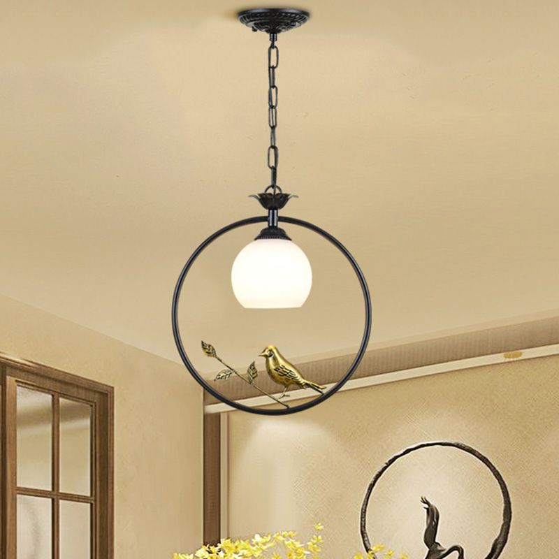 Cottage Bird Suspension Light 1-Light Iron Pendant Light Fixture with Opal Glass Shade