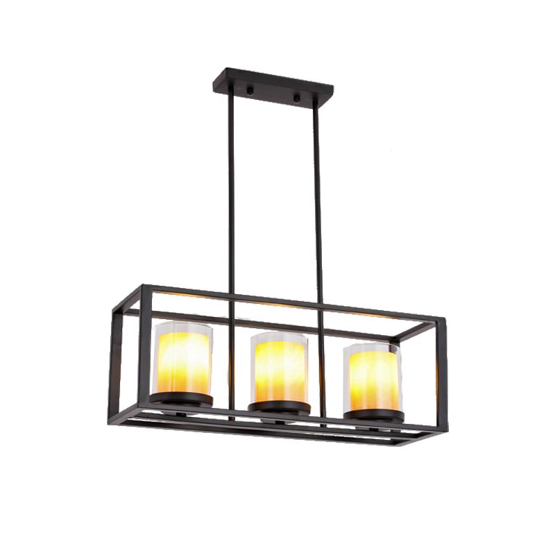 Cylinder Dining Room Pendant Light Vintage Glass 3/5/6 Lights Island Lighting with Black Frame