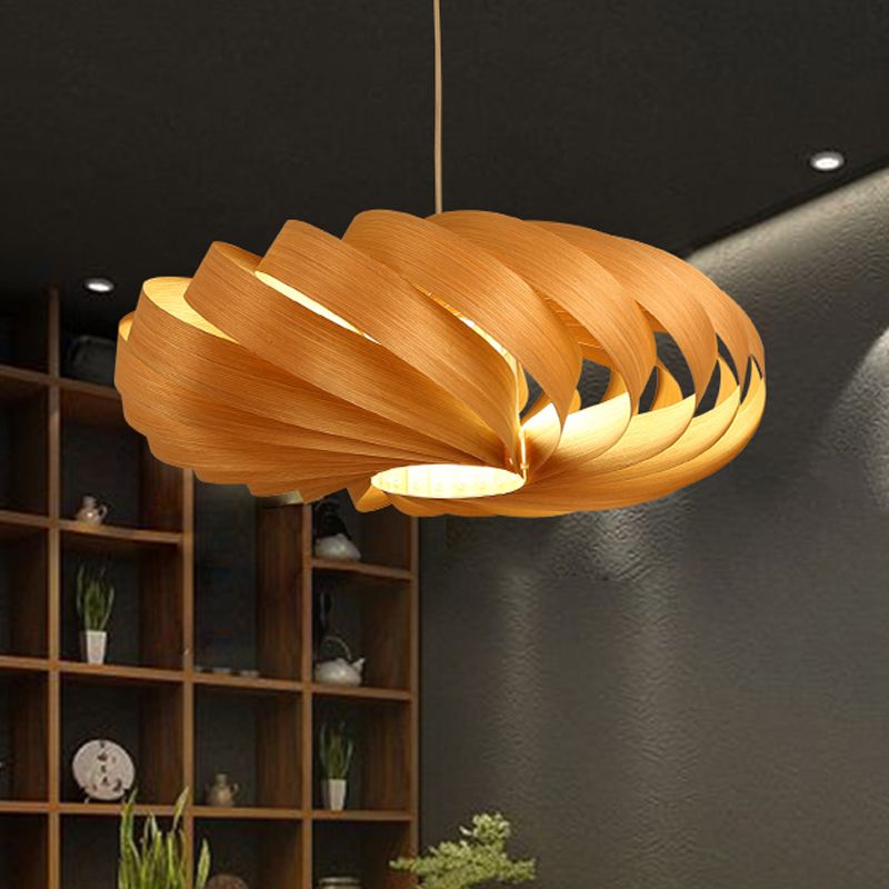 Asian 1 Head Hanging Pendant Light Wood Beige Twisted Lantern Ceiling Lamp over Dining Table