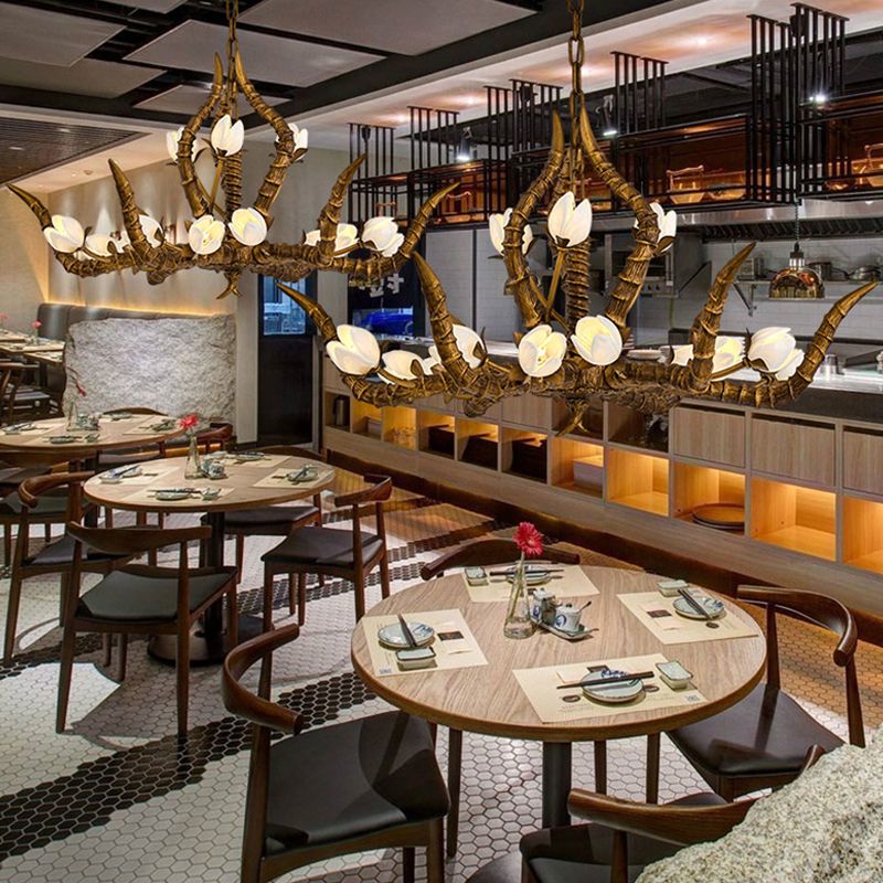 Gold 15 Bulbs Pendant Chandelier Tradition Resin  Branch Suspension Hanging Light for Restaurant