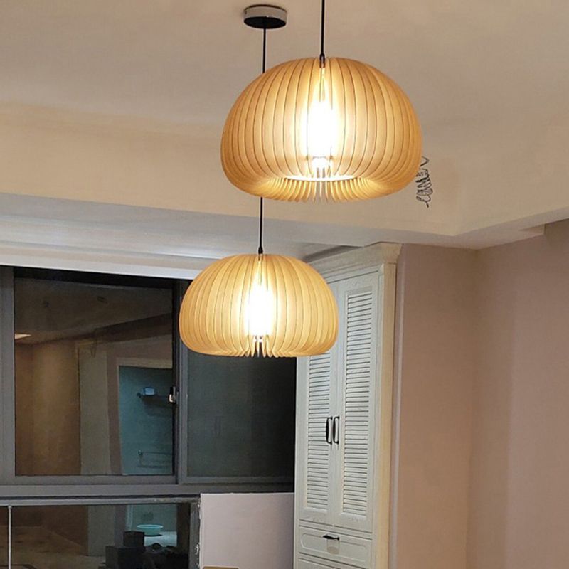 Luz de calabaza de madera beige estilo chino 1 lámpara de techo de mesa de comedor ligero