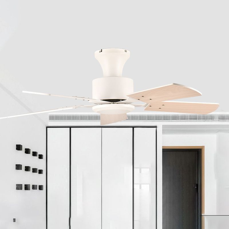 Cirkel eetkamer ventilator licht eenvoudig metalen led witte semi -spoelbevestiging met 5 houten messen, 32 "/36" breed