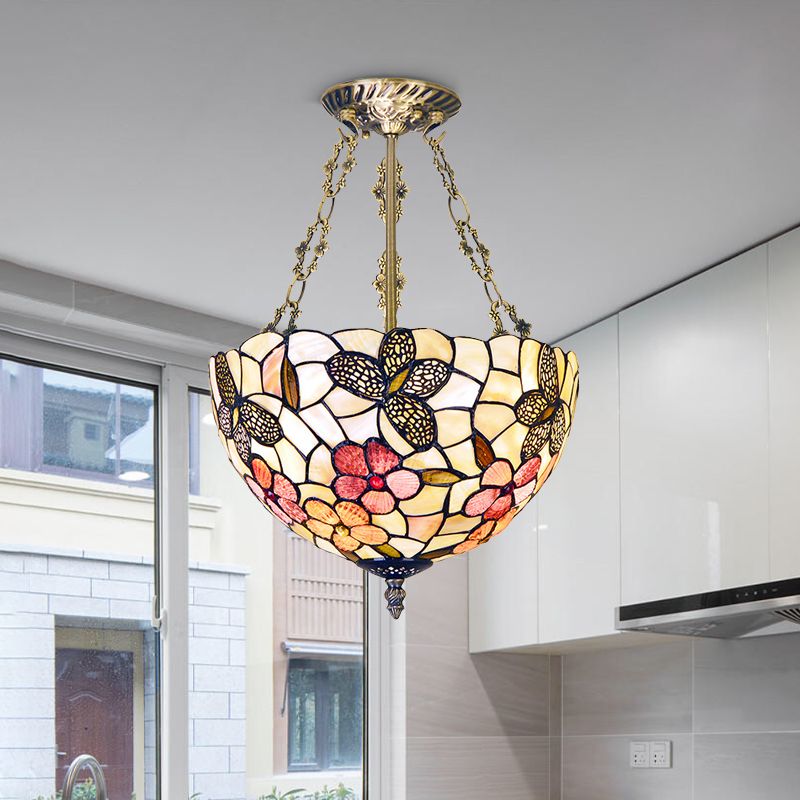 12"/16" W Flower Semi Mount Lighting 3 Lights Shell Victorian Ceiling Flush in Antique Brass with Dome Shade