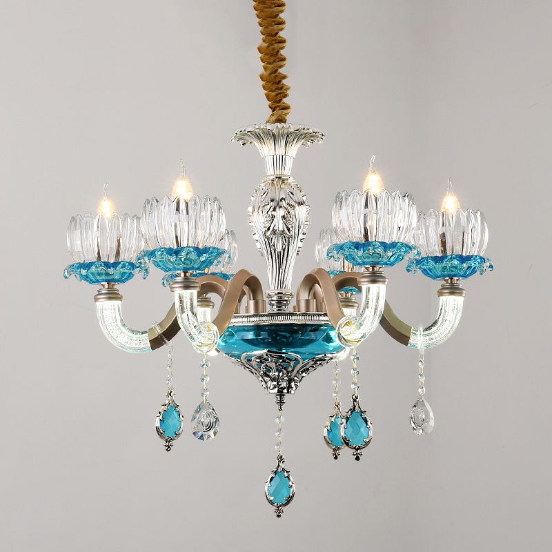 Mid-Century Lotus Buds Chandelier 6 Bulbs Clear and Blue Crystal Suspension Light for Restaurant