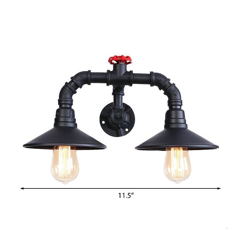 Black Plumbing Pipe Wall Lighting with Red Valve Rustic Industrial Metallic 2 Light Stairway Wall Sconce Light