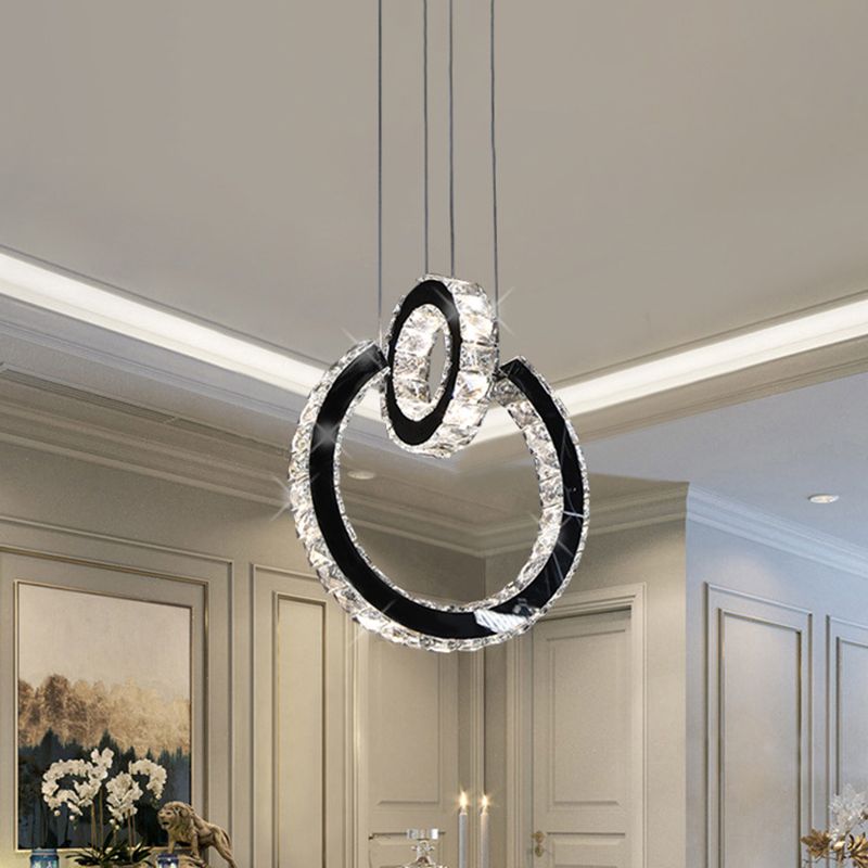 Minimalist Ring Crystal Chandelier Lighting Fixture LED Hanging Ceiling Light in Black