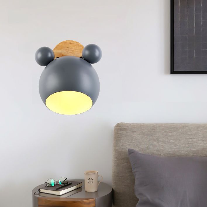 Modern Nordic Macaron Wall Lamp Wooden Globe Wall Light with Wrought Iron Shade