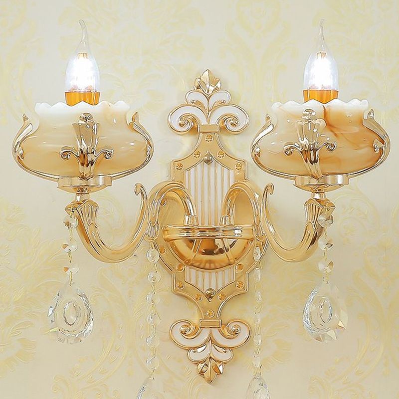Beige Candle Wall Sconce Light Classic Faux Jade Glass Bedroom Wall Lighting Fixture