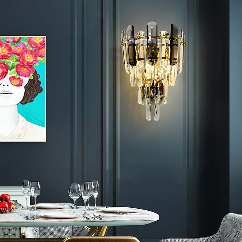 Gray Crystal Wall Sconce in Modern Luxury Style Electroplate Iron Stagger Wall Lamp for Bedroom