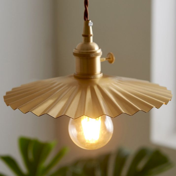 Vintage Umbrella Pendant Light Fixture 1-Light Metal Ceiling Suspension Lamp in Gold