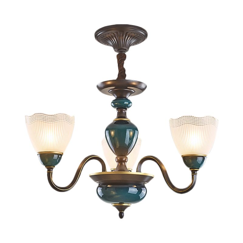 Bowl Frosted Prismatic Glass Hanging Lamp Country 3/6 Lights Bedroom Chandelier Light in Black with Curving Arm