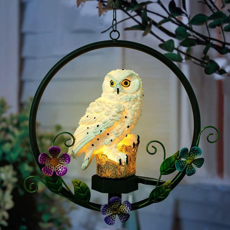 Resin Owl Hanging Pendant Light Modern LED Solar Suspension Lamp with Flower Decor in Brown/White