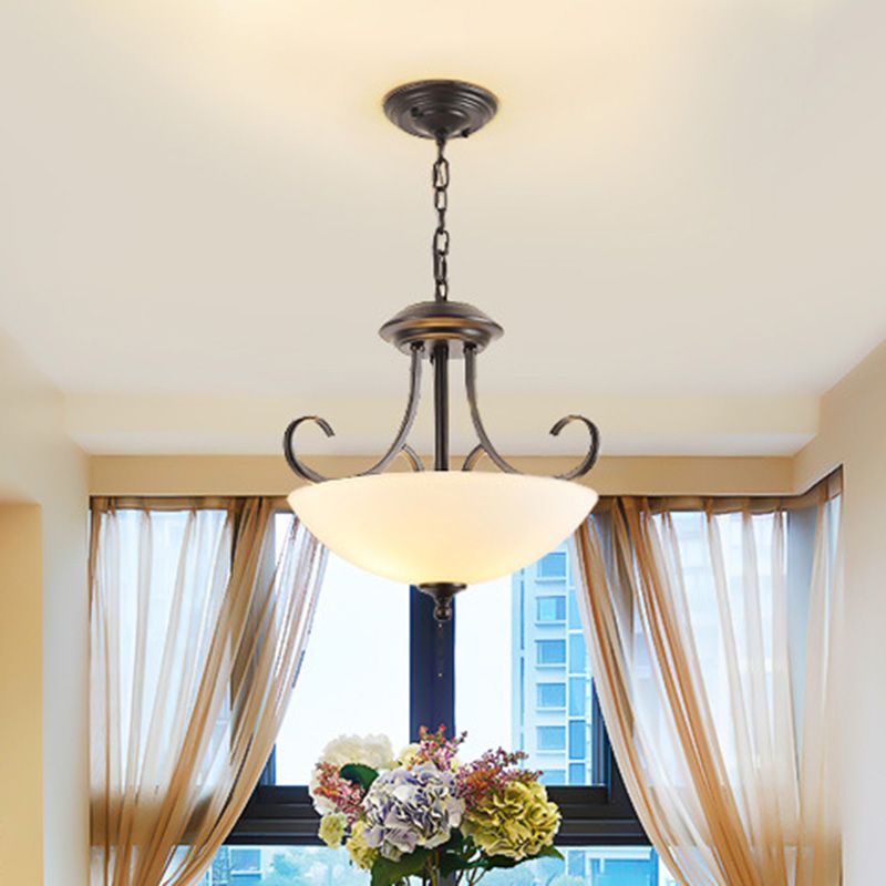 Iron Swirled Arm Ceiling Light Retro 3 Heads Dining Room Chandelier Light with Bowl White Glass Shade in Black