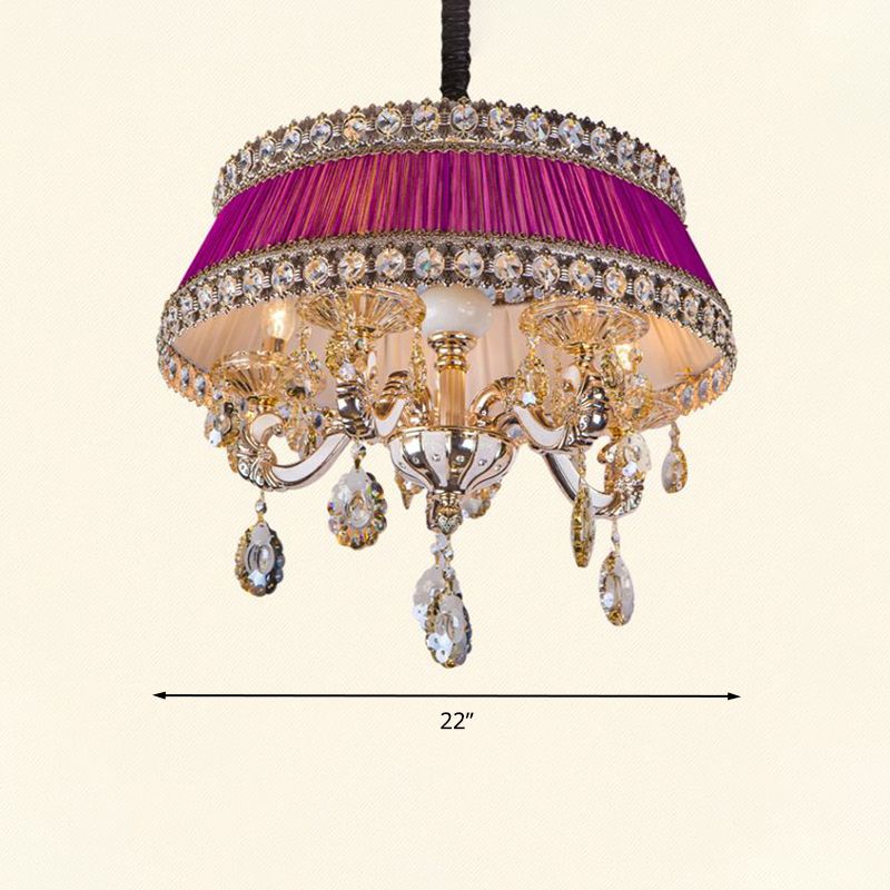 Lampe de plafond de gré de style en cristal contemporain 5 têtes de salon éclairage de lustre en bleu / violet avec de l'ombre en tissu