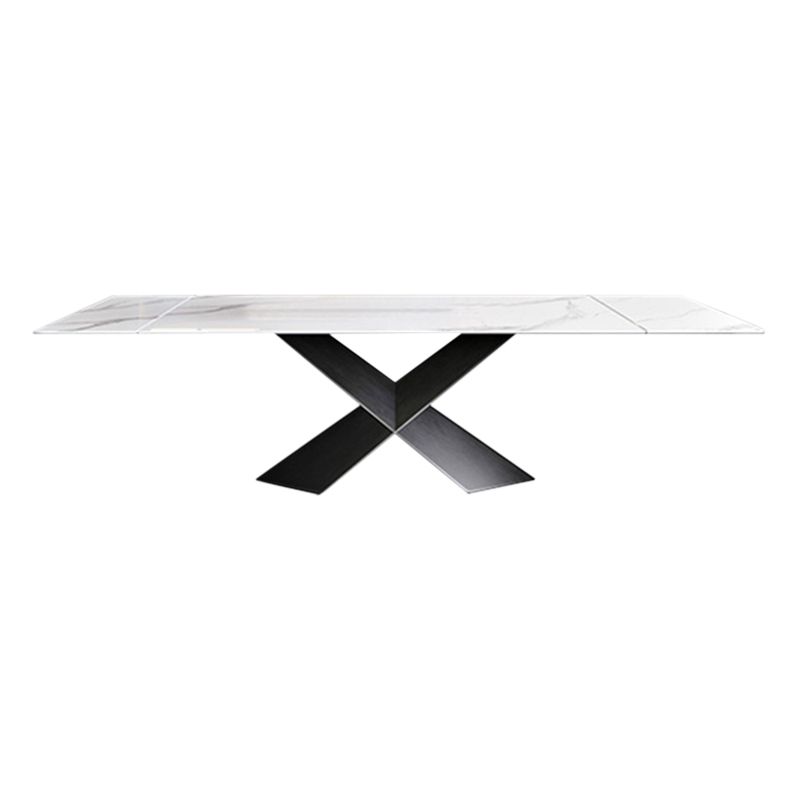 Modern Rectangular White Stone Top Dining Table with Black Steel Double Pedestal