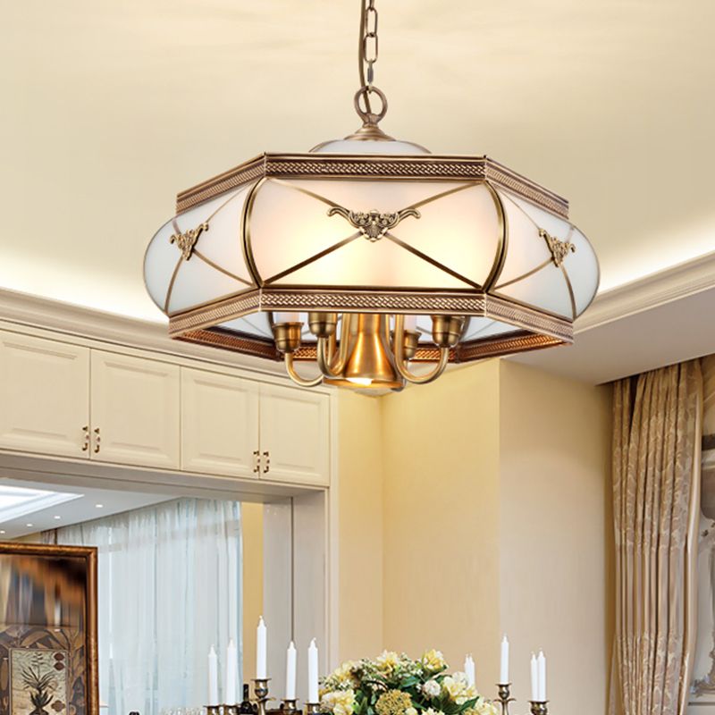 Brass Hexagon Hanging Chandelier Colonial Satin Opal Glass 5 Lights Dining Room Ceiling Pendant