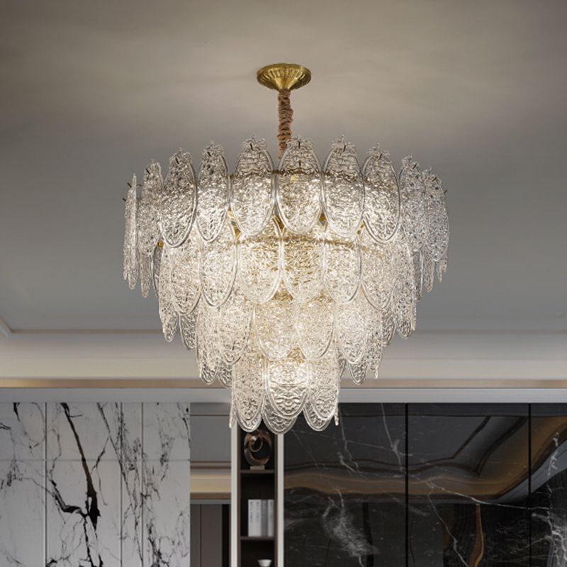 Post-Modern Oval Shaped Chandelier Pendant Light Textured Glass Living Room Hanging Light in Gold