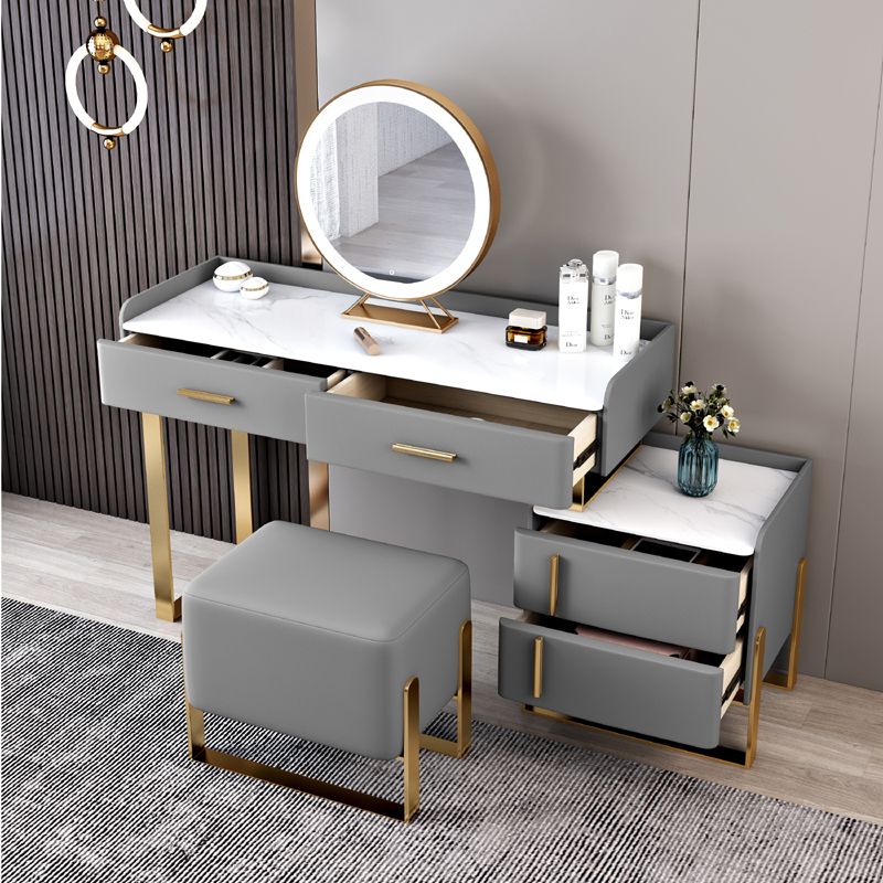 Stone Top Make-up Vanity Gray Solid Wood Vanity Dressing Table Set with 4 Drawers