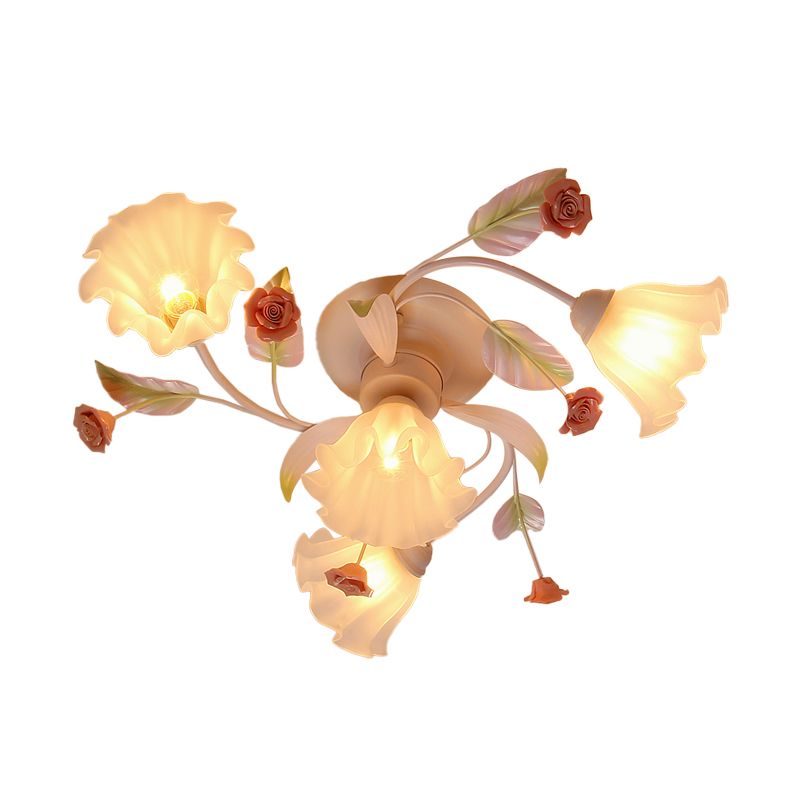 Pastoral Style Floral Semi Flush Mount 4/7-Light Metal Flush Ceiling Light with Frosted Glass Shade in White