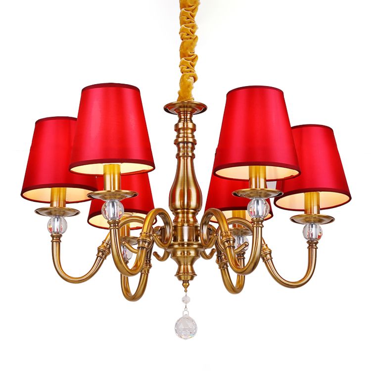 Fabric Red and Brass Chandelier Conical Country Style Pendant Light for Living Room
