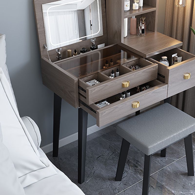 Flip-Top Vanity Table 3-Drawer Stool Vanity Set with Storage Shelves