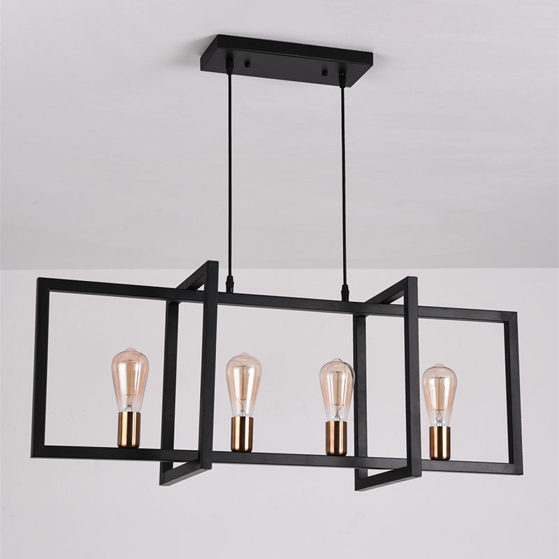 Rectangular Diner Hanging Lamp Industrial Metal 4-Bulb Black Cage Island Lighting