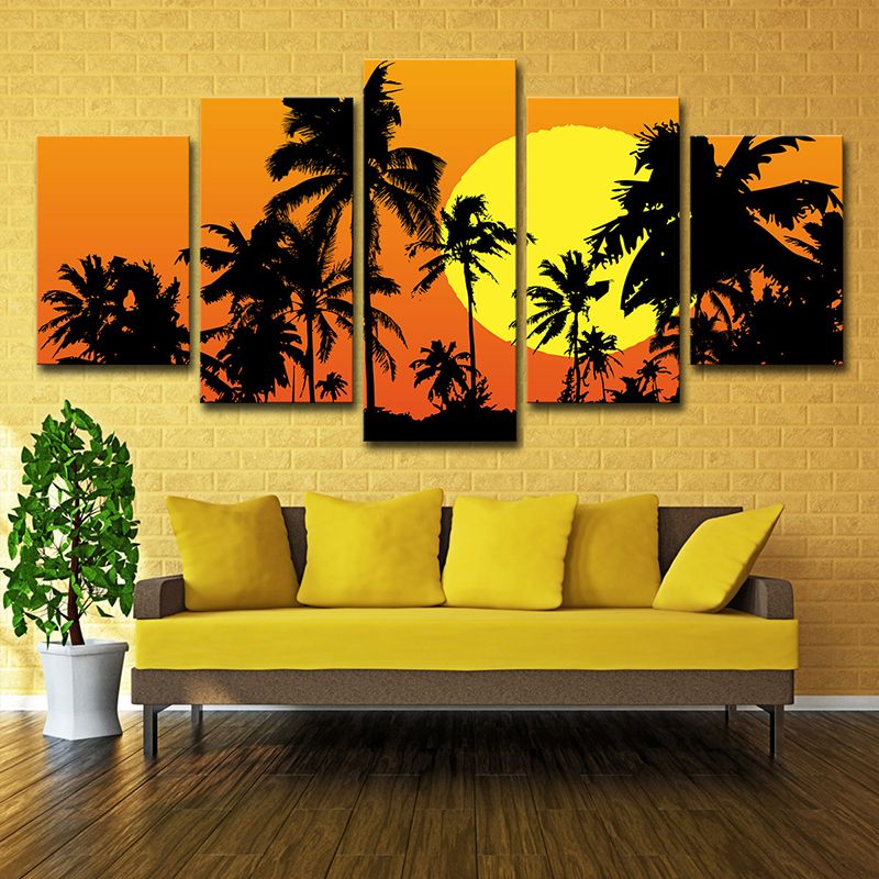 Tropical Wall Art Decor Orange Big Moon Behind Coconut Trees Canvas Print for Home