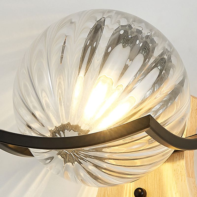 Modern Style Wooden Wall Sconce Glass Shade 1 Light Wall Mount Light Fixture for Living Room