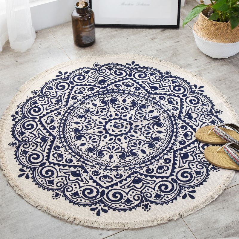 Tapis d'intérieur rond Simple en coton, ton blanc, octogonal, imprimé de fleurs, à franges, pour salon