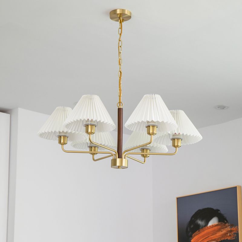 Tapered Hanging Lamp Vintage Walnut Wood Chandelier with Fabric Shade for Bedroom