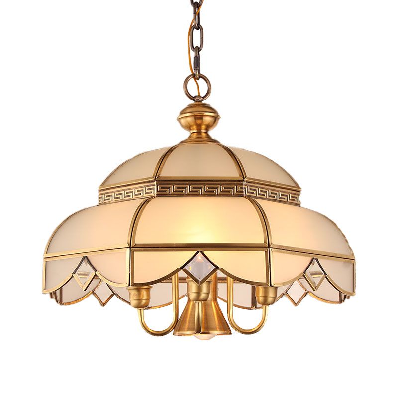 Brass 5 teste Lumo Luce Colonialismo Crema Crema Glass Dome Luce soffitto a sospensione per sala da pranzo