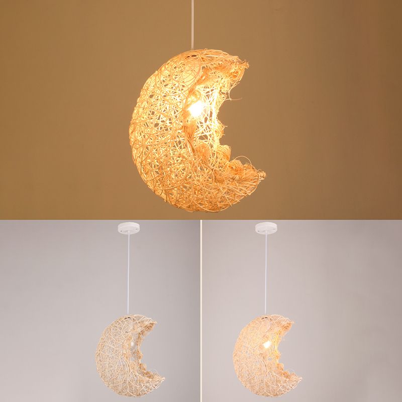 Asian Pendant Lighting Fixture 1-Light Beige Hanging Lamp Kit with Rattan Shade