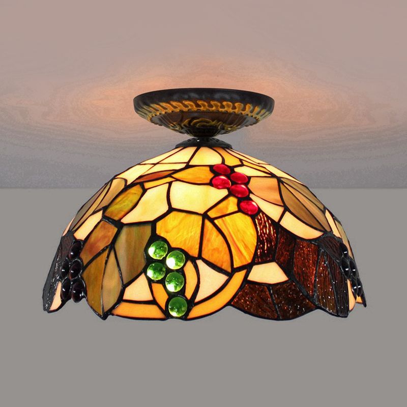 1 Light Grape Ceiling Lighting Tiffany Brass Stained Glass Flush Mount Light, 12"/16" W