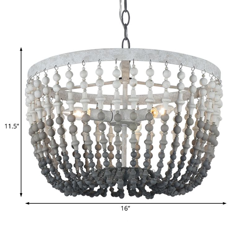 Beaded Wood Chandelier Lamp Rustic 3 Lights Bedroom Hanging Light Fixture in Black