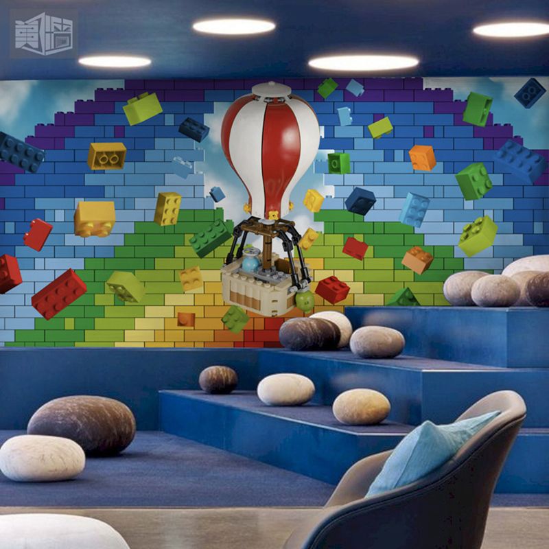 Full Illustration Contemporary Mural Wallpaper for Children with Toy Brick and Balloon Design in Multi-Color
