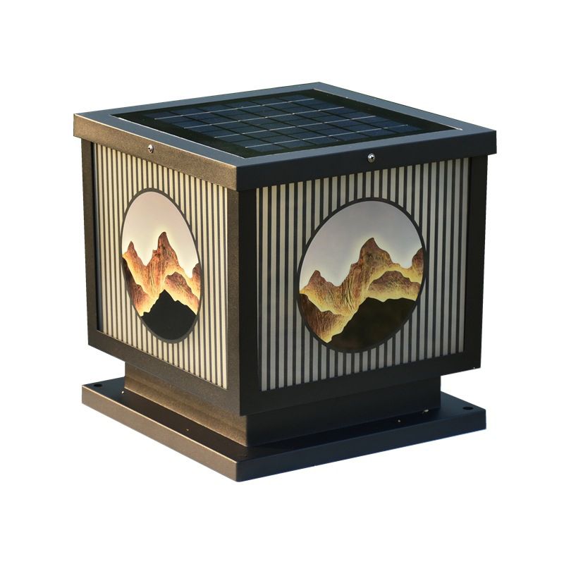 Modern Metal Solar Pillar Lamp Square Shape Outdoor Waterproof Light in Black