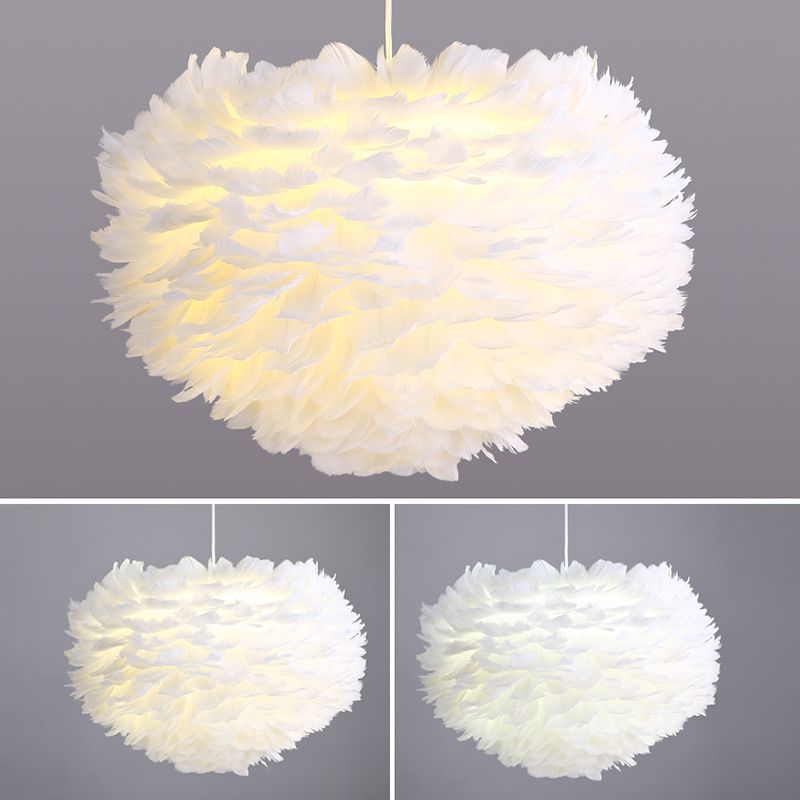 White Drum Pendant Light in Modern Creative Style Wrought Iron Chandelier with Feather Shade