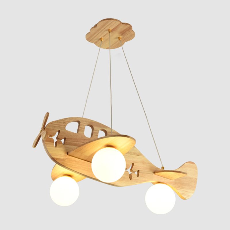 Modern Artistic Airplane Chandelier Wooden Indoor Hanging Lamp with White Glass Shade