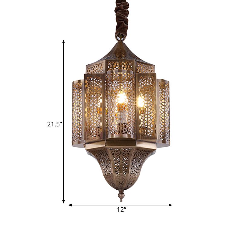 Brass Lantern Suspension Lamp Arab Metal 3-Bulb Restaurant Chandelier Pendant Light