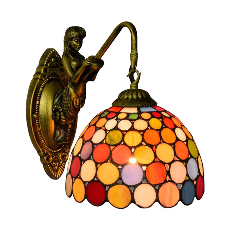 Antique Brass 1 Head Sconce Lighting Tiffany Multicolor Stained Glass Dome Wall Mount Light