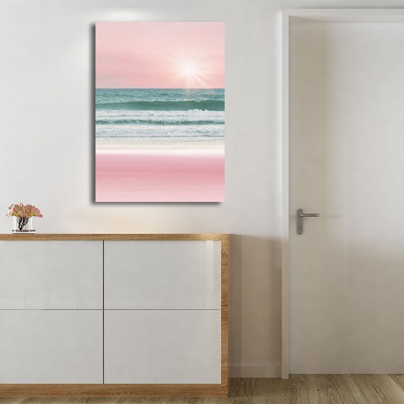 Tropical Seascape Wrapped Canvas in Pink-Blue Girls Bedroom Wall Art Print, Textured