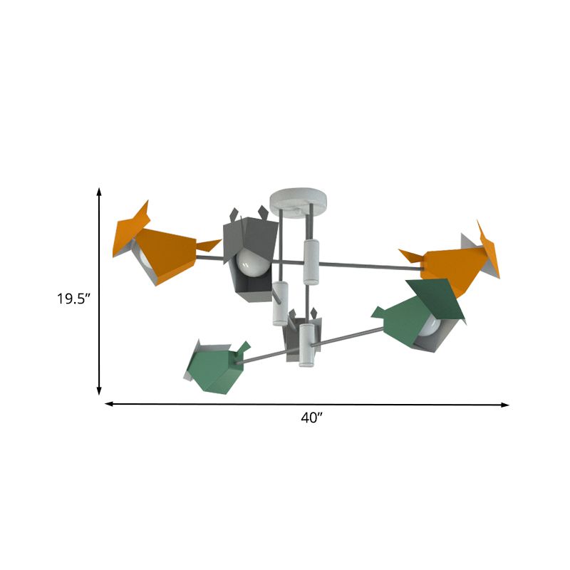 Metal Bird-Like Semi Flush Light Fixture Cartoon 6 Lights Grey-Yellow-Green Ceiling Mounted Lamp