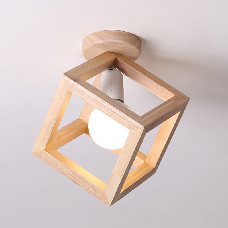 Contemporary Cube Flush Light Fixture Wood 1 Light Flush Mount Ceiling Fixture in Brown