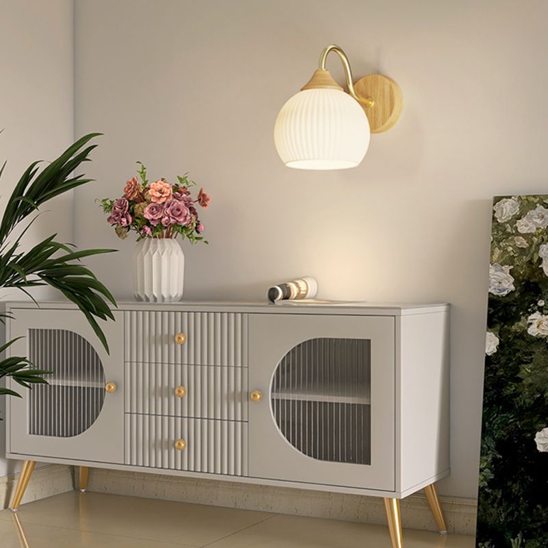 Modern Wall Mount Lamp 1-Light Wooden with Glass Shade for Living Room