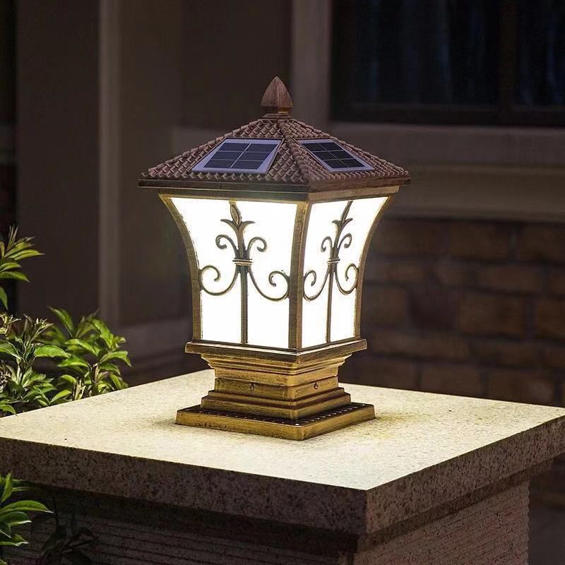 Square Waterproof Pillar Lamp Golden/Black Solar Outdoor Lights for Garden