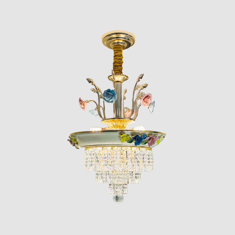 14"/17" W Antiqued Tiers Chandelier 2-Light Cut Crystal Drop Lamp with Handmade Rose Trim in Blue/Beige