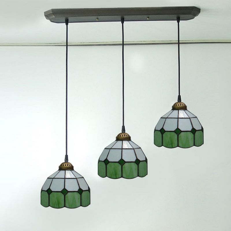 3 Heads Dining Room Cluster Pendant Victorian Green Hanging Ceiling Light with Grid Dome Hand Cut Glass Shade