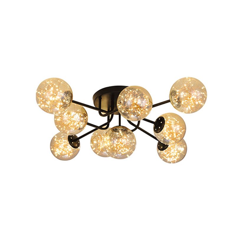 Sputnik Metall Deckenlampe Moderne sternenklinische LED Black Semi Flush mit globalem Glasschatten